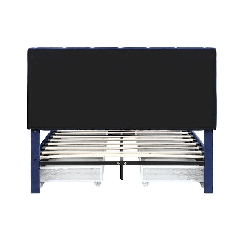 Art Deco Upholstered Storage Bed with 4 Drawers Velvety Fabric Linear Tufting Integrated Storage Bedroom Furniture