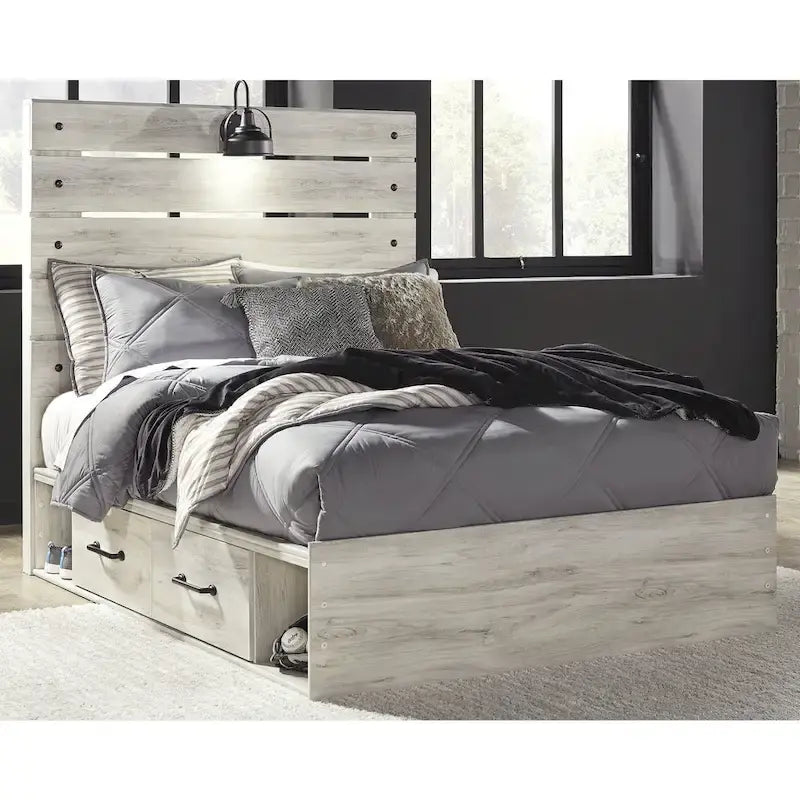 Whitewash Panel Storage Bed with 2 Under Bed Drawers - Retro Light Sconces, USB Ports, Open-Slat Headboard