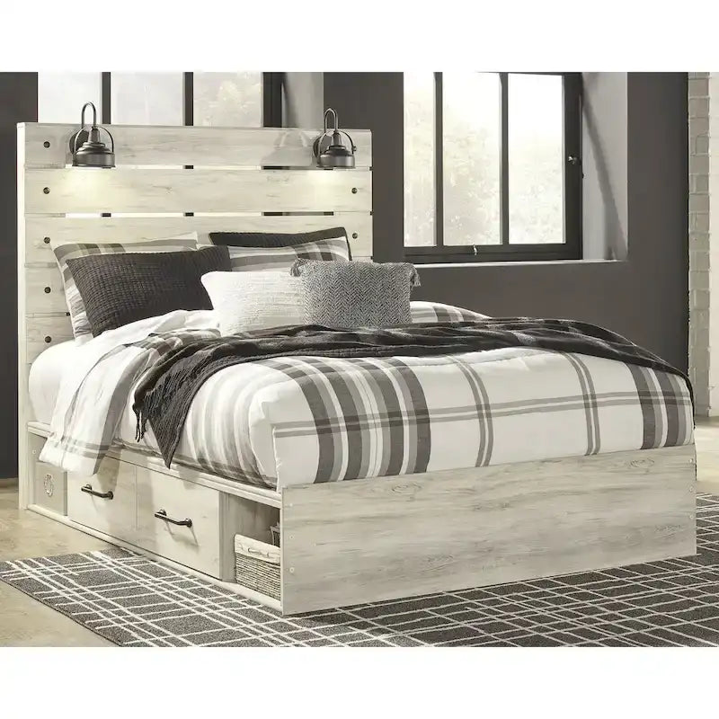 Whitewash Panel Storage Bed with 2 Under Bed Drawers - Retro Light Sconces, USB Ports, Open-Slat Headboard