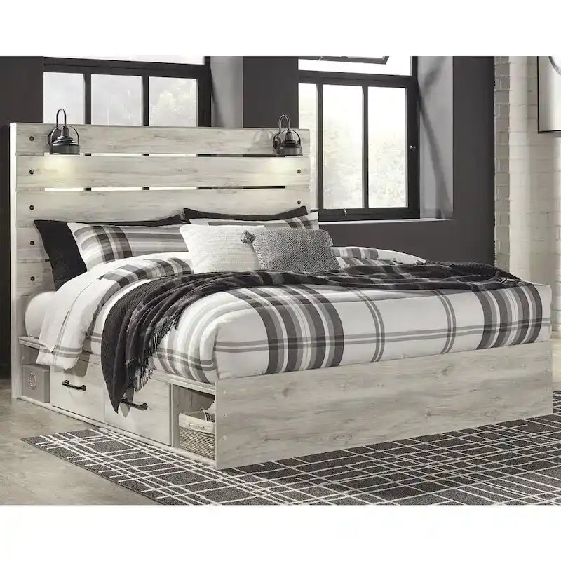 Whitewash Panel Storage Bed with 2 Under Bed Drawers - Retro Light Sconces, USB Ports, Open-Slat Headboard