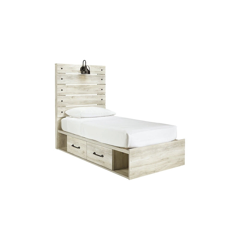 Whitewash Panel Storage Bed with 2 Under Bed Drawers - Retro Light Sconces, USB Ports, Open-Slat Headboard