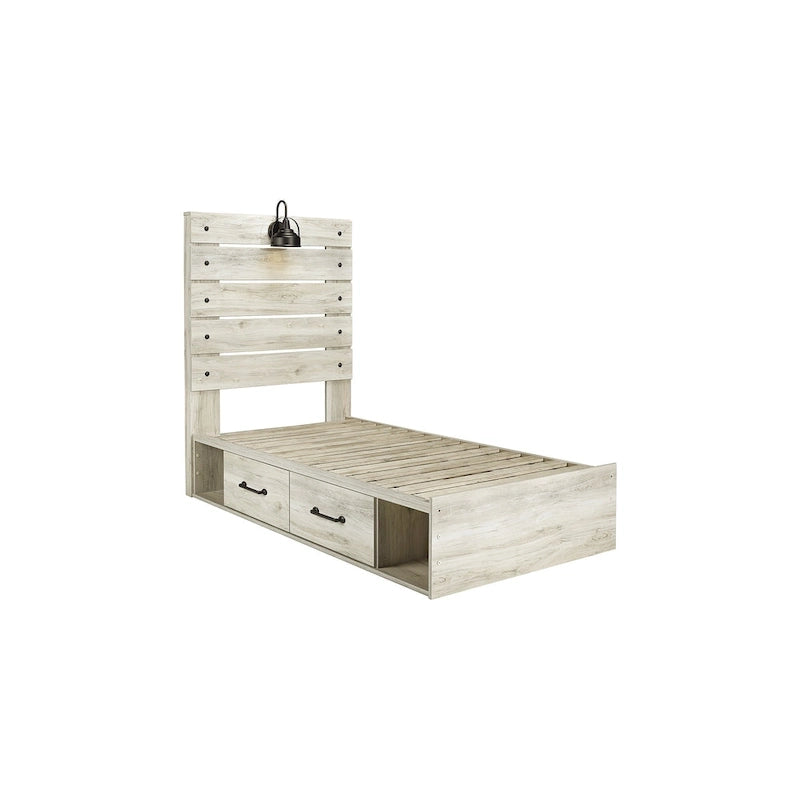 Whitewash Panel Storage Bed with 2 Under Bed Drawers - Retro Light Sconces, USB Ports, Open-Slat Headboard