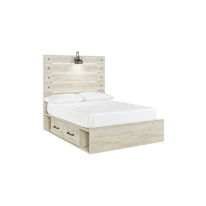 Whitewash Panel Storage Bed with 2 Under Bed Drawers - Retro Light Sconces, USB Ports, Open-Slat Headboard
