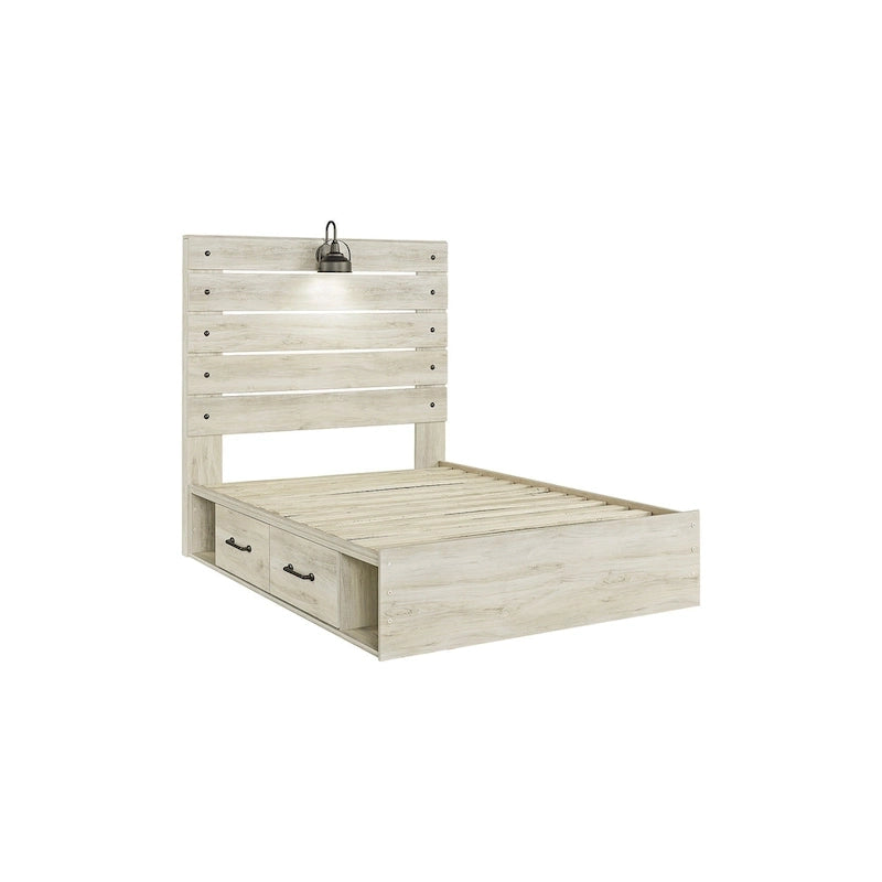 Whitewash Panel Storage Bed with 2 Under Bed Drawers - Retro Light Sconces, USB Ports, Open-Slat Headboard