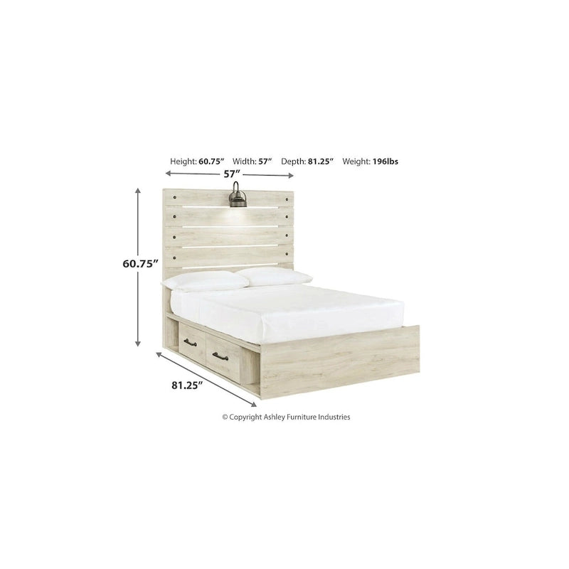 Whitewash Panel Storage Bed with 2 Under Bed Drawers - Retro Light Sconces, USB Ports, Open-Slat Headboard