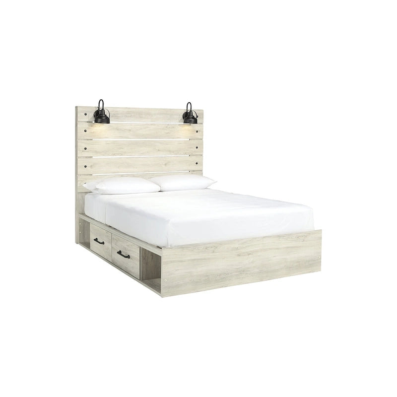 Whitewash Panel Storage Bed with 2 Under Bed Drawers - Retro Light Sconces, USB Ports, Open-Slat Headboard