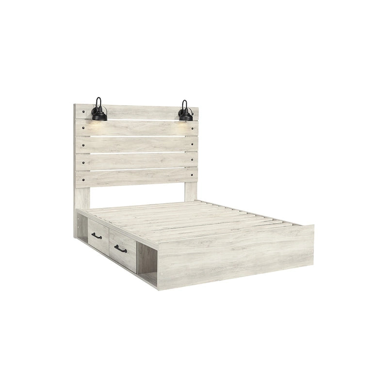Whitewash Panel Storage Bed with 2 Under Bed Drawers - Retro Light Sconces, USB Ports, Open-Slat Headboard
