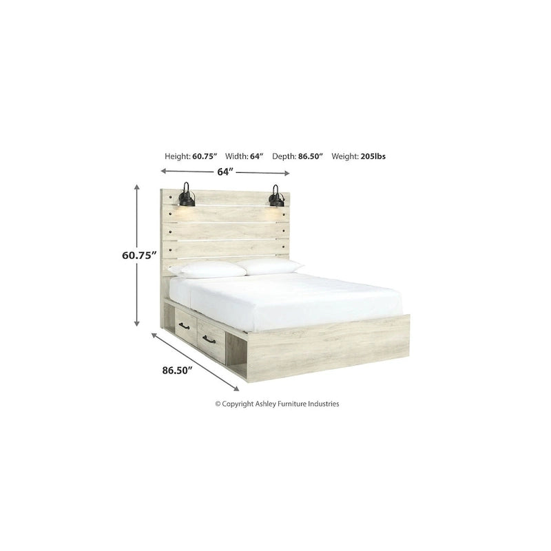 Whitewash Panel Storage Bed with 2 Under Bed Drawers - Retro Light Sconces, USB Ports, Open-Slat Headboard