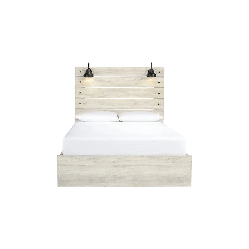 Whitewash Panel Storage Bed with 2 Under Bed Drawers - Retro Light Sconces, USB Ports, Open-Slat Headboard
