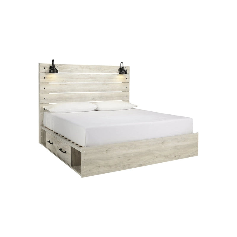 Whitewash Panel Storage Bed with 2 Under Bed Drawers - Retro Light Sconces, USB Ports, Open-Slat Headboard