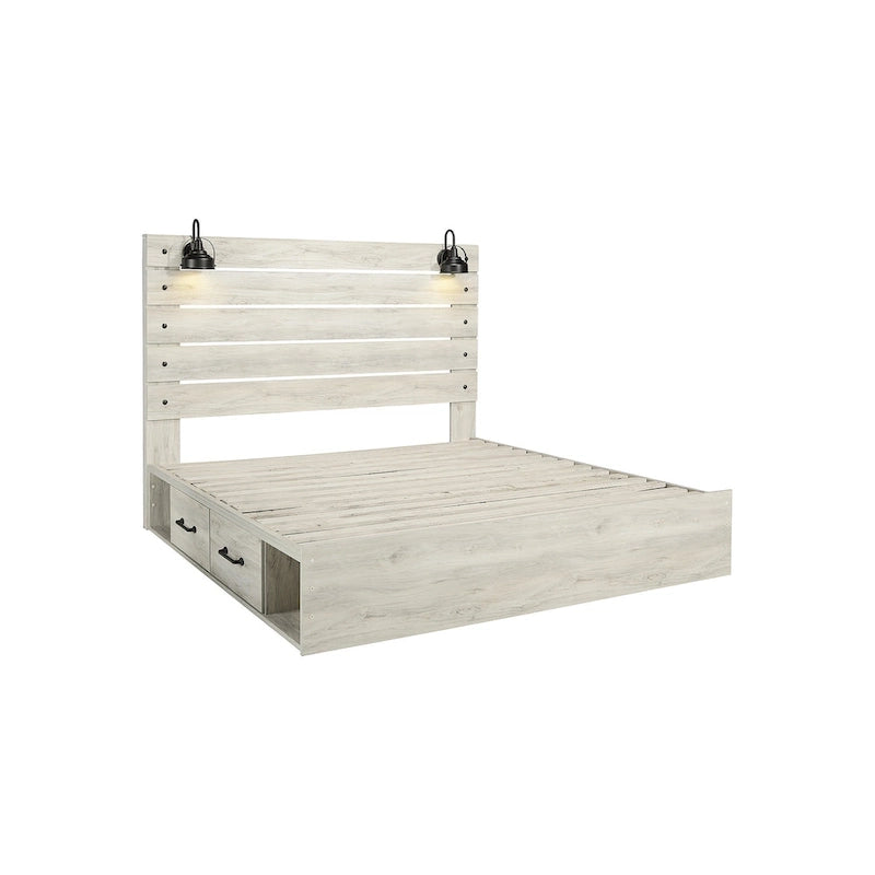 Whitewash Panel Storage Bed with 2 Under Bed Drawers - Retro Light Sconces, USB Ports, Open-Slat Headboard