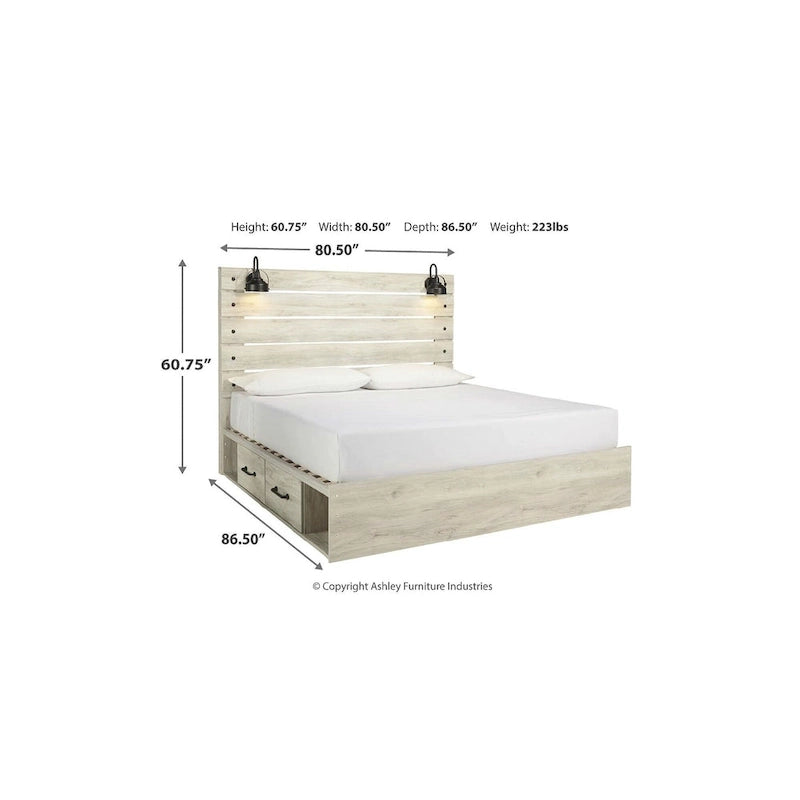 Whitewash Panel Storage Bed with 2 Under Bed Drawers - Retro Light Sconces, USB Ports, Open-Slat Headboard
