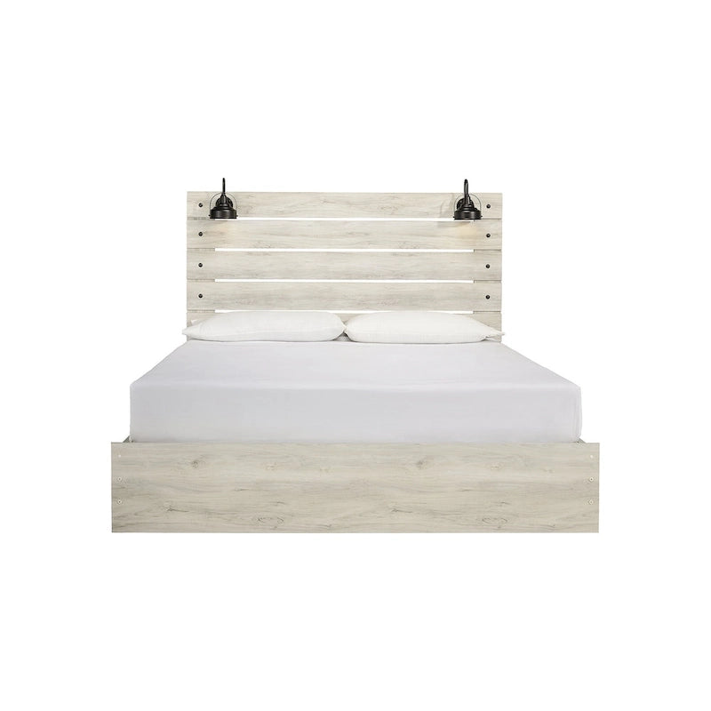 Whitewash Panel Storage Bed with 2 Under Bed Drawers - Retro Light Sconces, USB Ports, Open-Slat Headboard