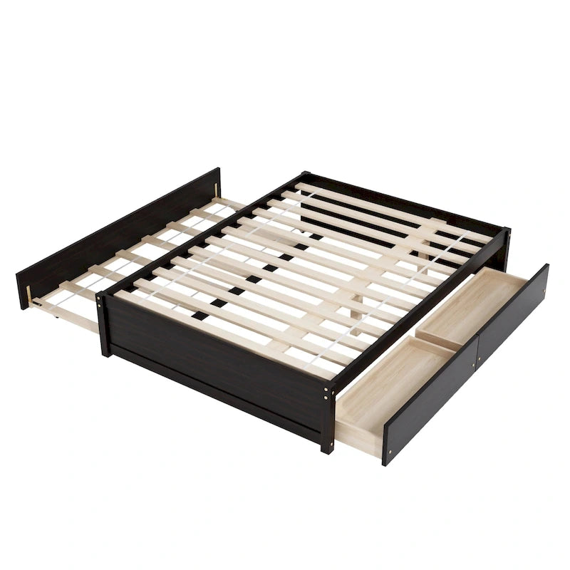 Full Size Bed Frame with Twin Trundle & 2 Storage Drawers - Solid Pine Wood Platform Bed, 400 lbs Capacity, No Box Spring Needed