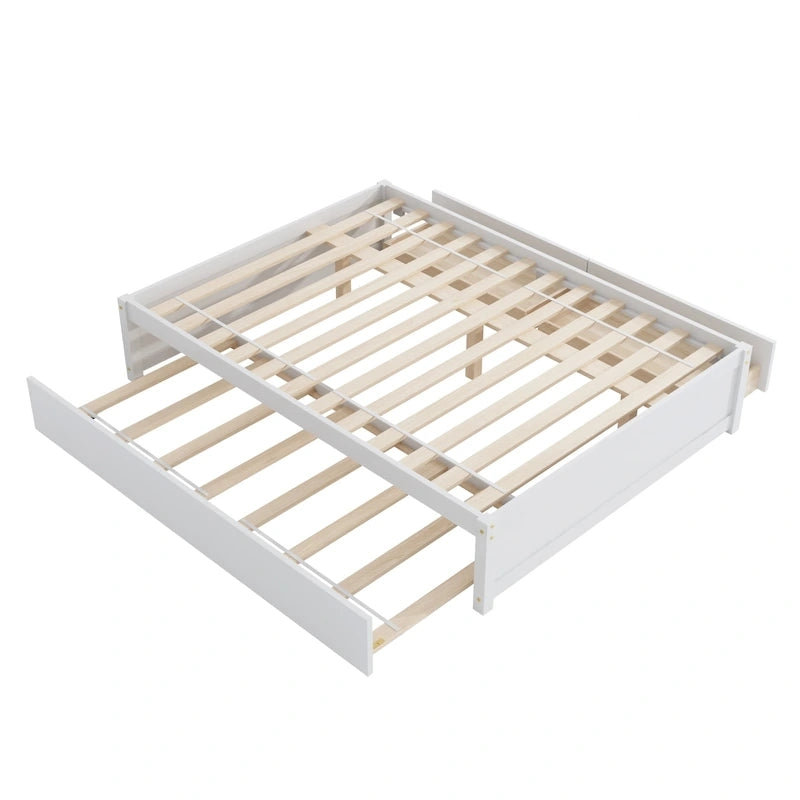 Full Size Bed Frame with Twin Trundle & 2 Storage Drawers - Solid Pine Wood Platform Bed, 400 lbs Capacity, No Box Spring Needed