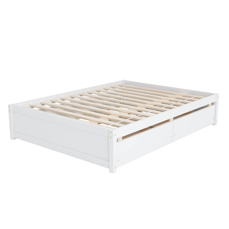 Full Size Bed Frame with Twin Trundle & 2 Storage Drawers - Solid Pine Wood Platform Bed, 400 lbs Capacity, No Box Spring Needed
