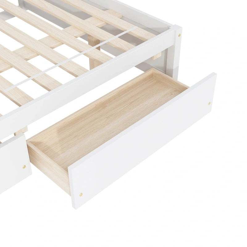 Full Size Bed Frame with Twin Trundle & 2 Storage Drawers - Solid Pine Wood Platform Bed, 400 lbs Capacity, No Box Spring Needed