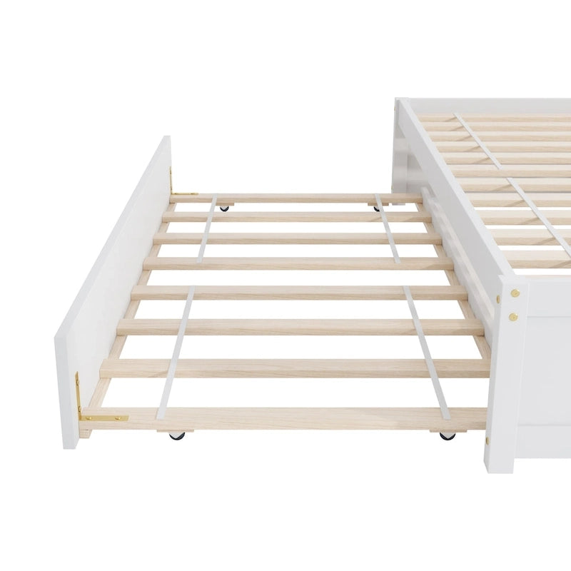Full Size Bed Frame with Twin Trundle & 2 Storage Drawers - Solid Pine Wood Platform Bed, 400 lbs Capacity, No Box Spring Needed