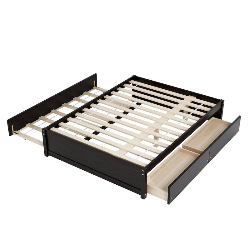 Full Size Bed Frame with Twin Trundle & 2 Storage Drawers - Solid Pine Wood Platform Bed, 400 lbs Capacity, No Box Spring Needed
