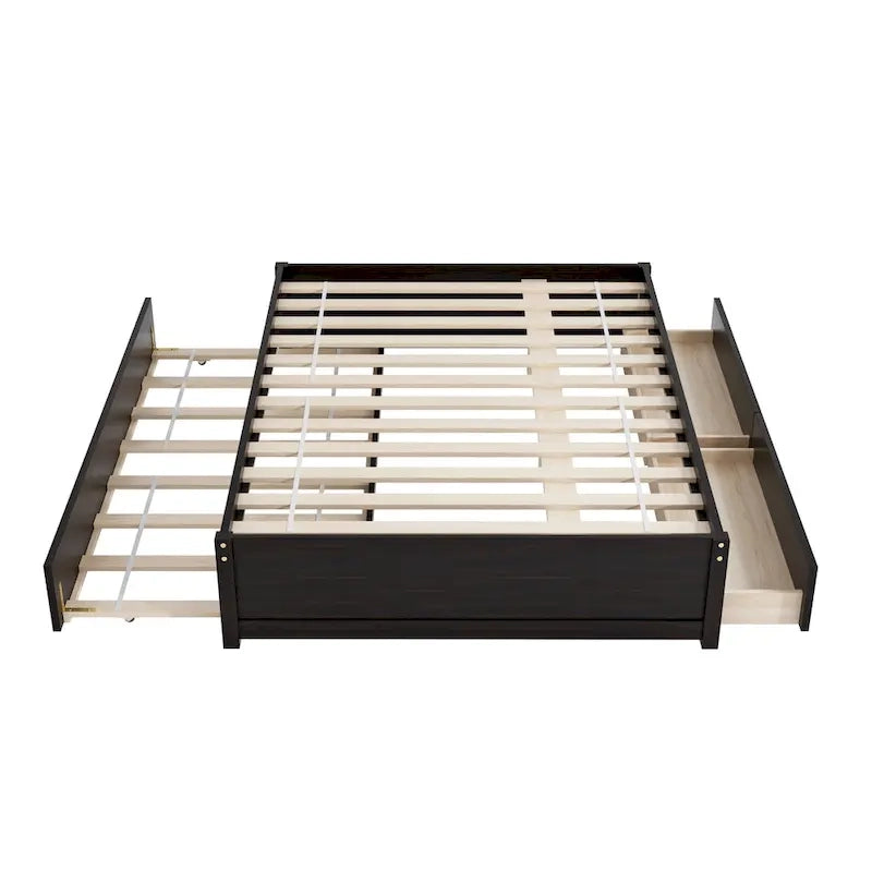 Full Size Bed Frame with Twin Trundle & 2 Storage Drawers - Solid Pine Wood Platform Bed, 400 lbs Capacity, No Box Spring Needed