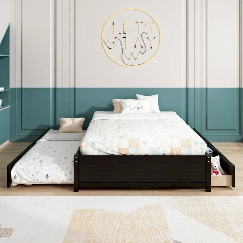 Full Size Bed Frame with Twin Trundle & 2 Storage Drawers - Solid Pine Wood Platform Bed, 400 lbs Capacity, No Box Spring Needed