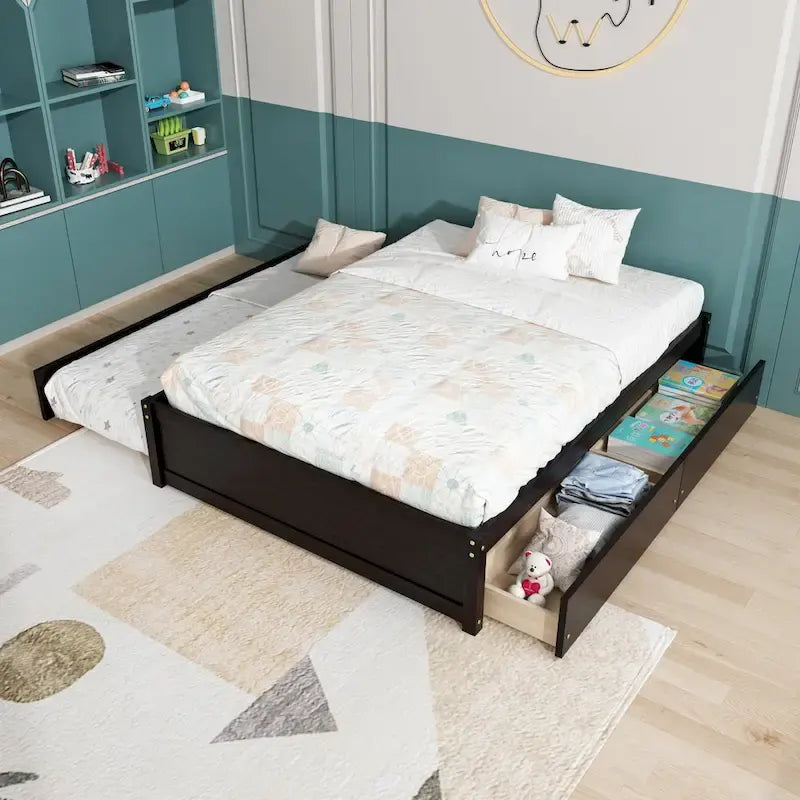 Full Size Bed Frame with Twin Trundle & 2 Storage Drawers - Solid Pine Wood Platform Bed, 400 lbs Capacity, No Box Spring Needed
