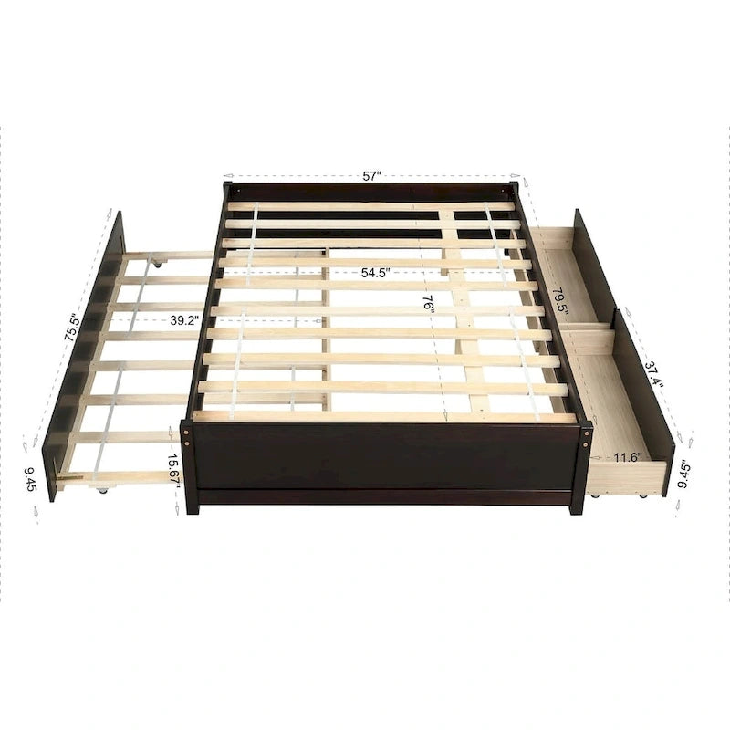 Full Size Bed Frame with Twin Trundle & 2 Storage Drawers - Solid Pine Wood Platform Bed, 400 lbs Capacity, No Box Spring Needed