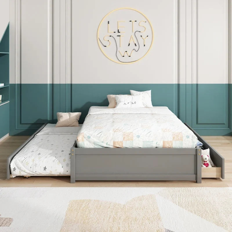 Full Size Bed Frame with Twin Trundle & 2 Storage Drawers - Solid Pine Wood Platform Bed, 400 lbs Capacity, No Box Spring Needed