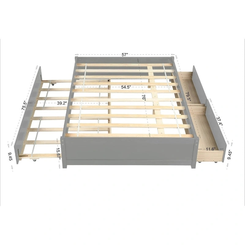 Full Size Bed Frame with Twin Trundle & 2 Storage Drawers - Solid Pine Wood Platform Bed, 400 lbs Capacity, No Box Spring Needed
