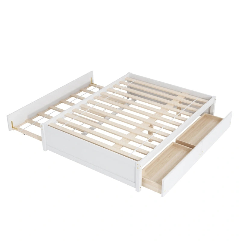Full Size Bed Frame with Twin Trundle & 2 Storage Drawers - Solid Pine Wood Platform Bed, 400 lbs Capacity, No Box Spring Needed