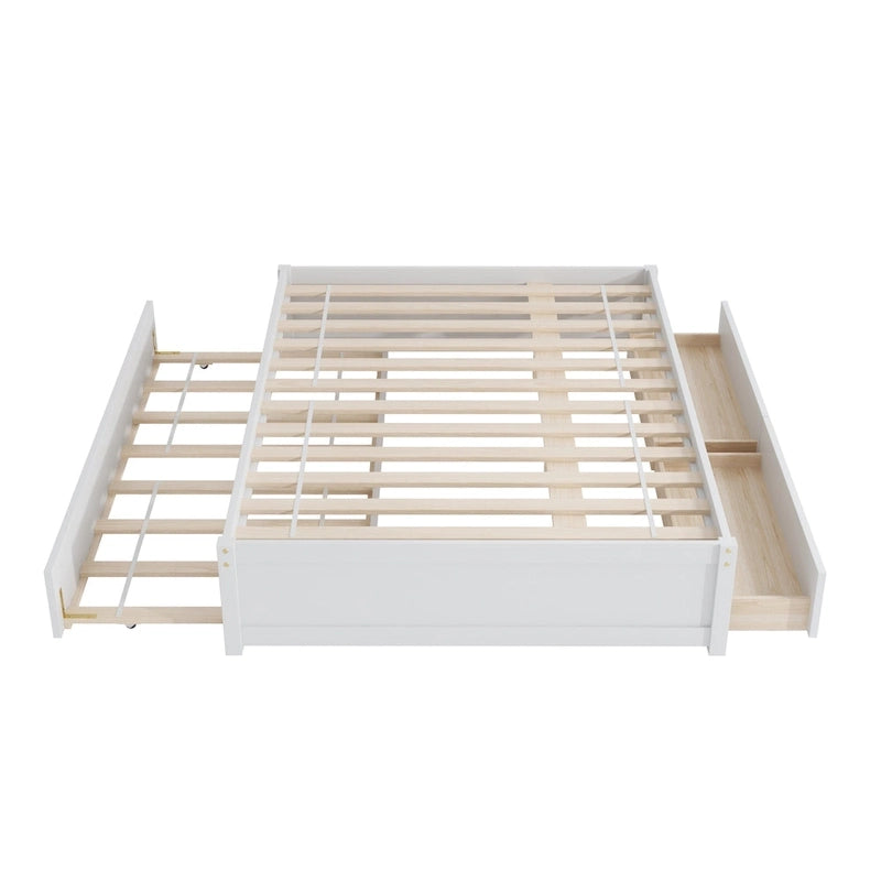 Full Size Bed Frame with Twin Trundle & 2 Storage Drawers - Solid Pine Wood Platform Bed, 400 lbs Capacity, No Box Spring Needed