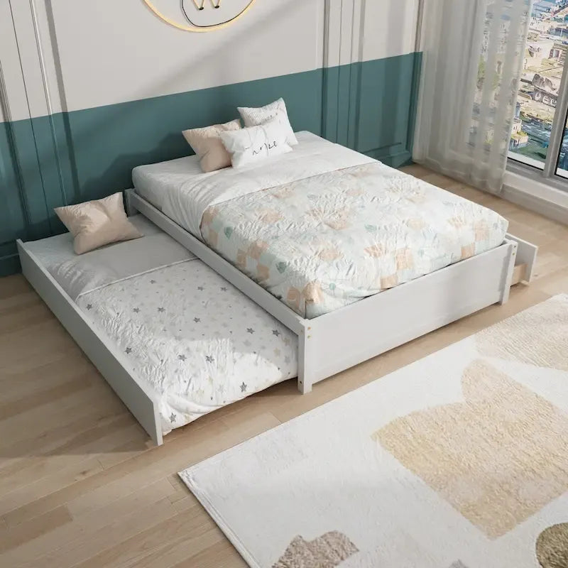 Full Size Bed Frame with Twin Trundle & 2 Storage Drawers - Solid Pine Wood Platform Bed, 400 lbs Capacity, No Box Spring Needed