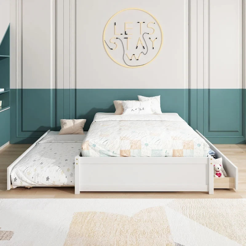 Full Size Bed Frame with Twin Trundle & 2 Storage Drawers - Solid Pine Wood Platform Bed, 400 lbs Capacity, No Box Spring Needed