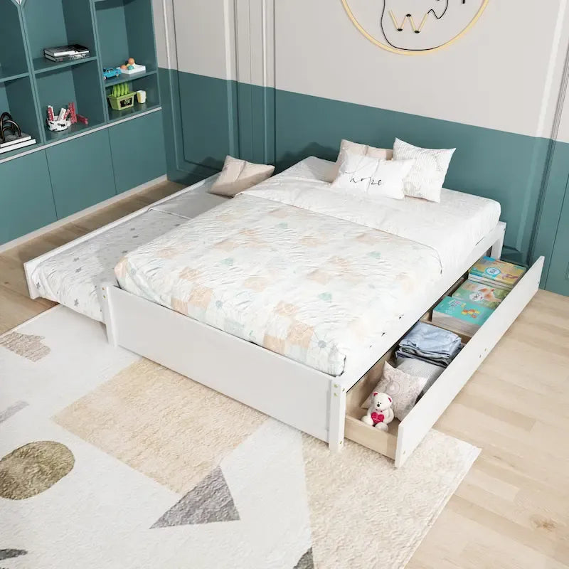 Full Size Bed Frame with Twin Trundle & 2 Storage Drawers - Solid Pine Wood Platform Bed, 400 lbs Capacity, No Box Spring Needed