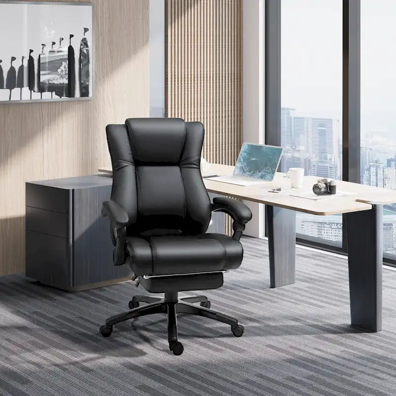 Executive Office Chair with Retractable Footrest - High Back PU Leather Recliner, 135° Recline, Adjustable Height, Swivel Wheels - 265 lbs Capacity