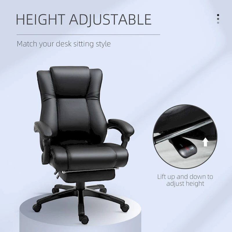 Executive Office Chair with Retractable Footrest - High Back PU Leather Recliner, 135° Recline, Adjustable Height, Swivel Wheels - 265 lbs Capacity