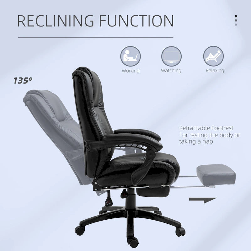 Executive Office Chair with Retractable Footrest - High Back PU Leather Recliner, 135° Recline, Adjustable Height, Swivel Wheels - 265 lbs Capacity