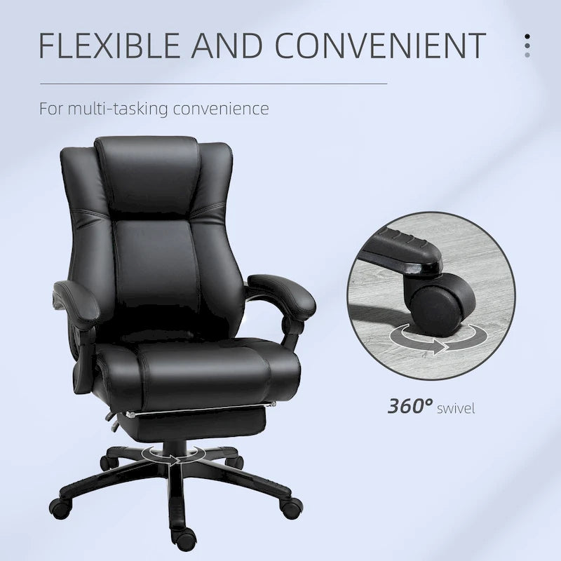 Executive Office Chair with Retractable Footrest - High Back PU Leather Recliner, 135° Recline, Adjustable Height, Swivel Wheels - 265 lbs Capacity