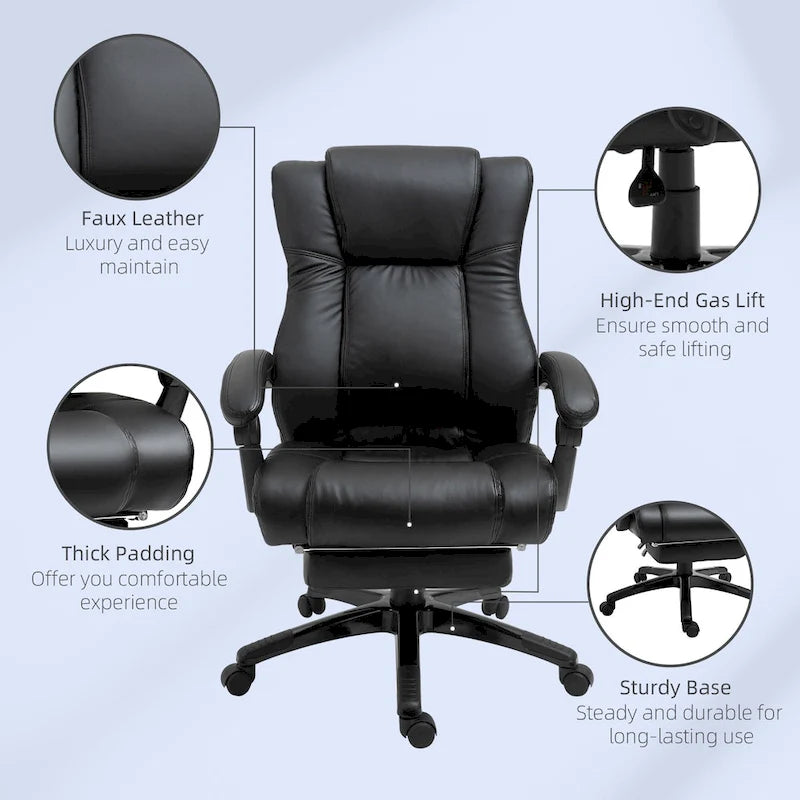 Executive Office Chair with Retractable Footrest - High Back PU Leather Recliner, 135° Recline, Adjustable Height, Swivel Wheels - 265 lbs Capacity