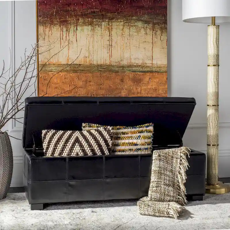 SAFAVIEH Kerrie Brown Bicast Leather/Wood Storage Bench - 46.9 x 18.3 x 16.7 - 47Wx18Dx17H