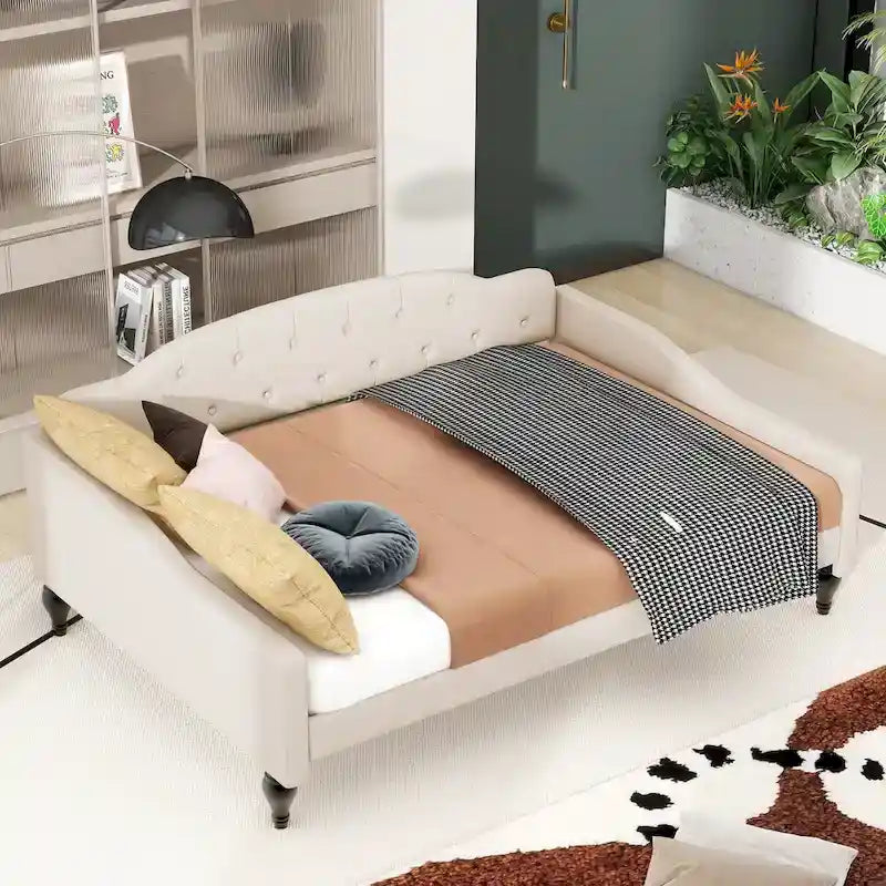 Full Size Upholstered Tufted Daybed, Beige
