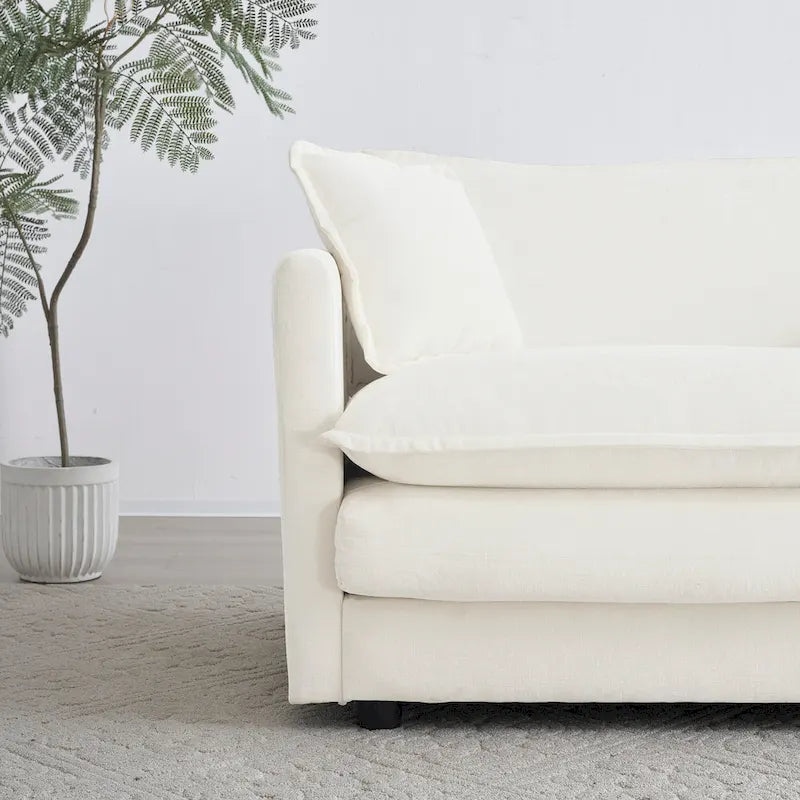 Comfy Deep Single Seat Sofa White Chenille Upholstered Reading Armchair Solid Wood Frame with Toss Pillow
