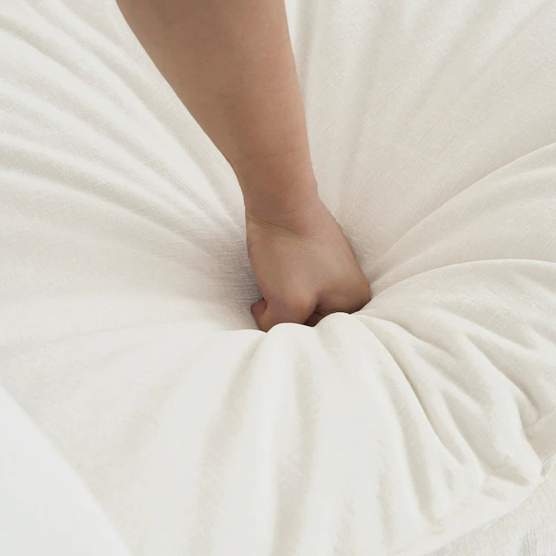 Comfy Deep Single Seat Sofa White Chenille Upholstered Reading Armchair Solid Wood Frame with Toss Pillow