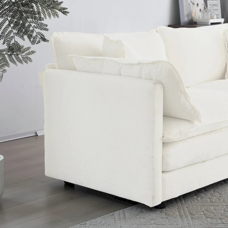 Comfy Deep Single Seat Sofa White Chenille Upholstered Reading Armchair Solid Wood Frame with Toss Pillow