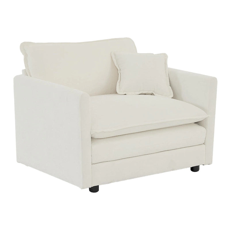 Comfy Deep Single Seat Sofa White Chenille Upholstered Reading Armchair Solid Wood Frame with Toss Pillow