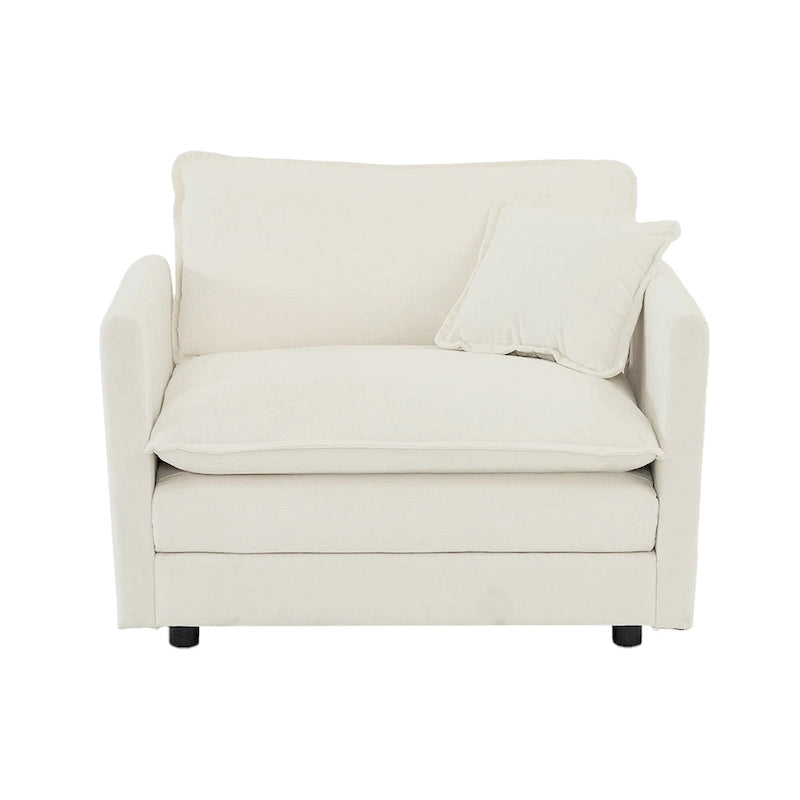 Comfy Deep Single Seat Sofa White Chenille Upholstered Reading Armchair Solid Wood Frame with Toss Pillow