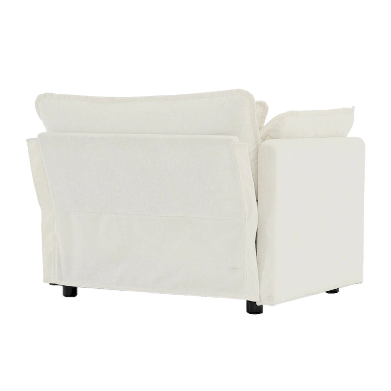 Comfy Deep Single Seat Sofa White Chenille Upholstered Reading Armchair Solid Wood Frame with Toss Pillow
