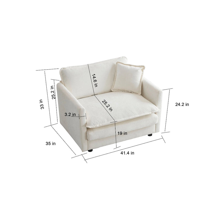 Comfy Deep Single Seat Sofa White Chenille Upholstered Reading Armchair Solid Wood Frame with Toss Pillow