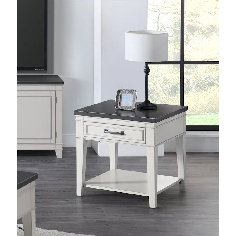24" White & Grey 1-Drawer End Table - Birch Veneers & Hardwood, Antique White Base, Grey Top
