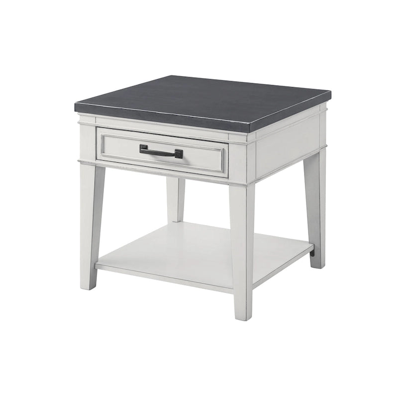 24" White & Grey 1-Drawer End Table - Birch Veneers & Hardwood, Antique White Base, Grey Top